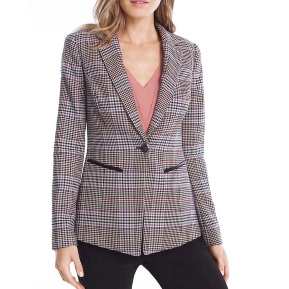 WHBM Plaid Blazer Jacket Faux Leather Trim